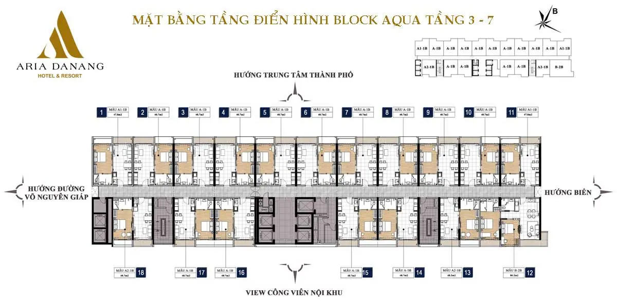 Mặt bằng tầng 3 – 7 Block Aqua Căn hộ Aria Đà Nẵng Hotel & Resort