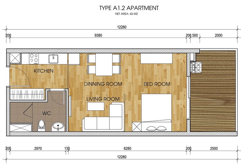 Thiết kế căn hộ 1 phòng ngủ diện tích 43 m2